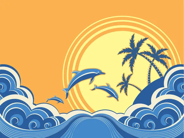 海景海浪海报与海豚。矢量插画 — 图库矢量图片