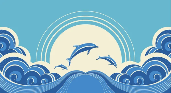 Μπλε δελφίνια πηδώντας στη θάλασσα στη θερινή ημέρα — Διανυσματικό Αρχείο