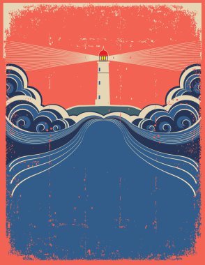 Lighthouse with blue waves.Vector grunge background for design