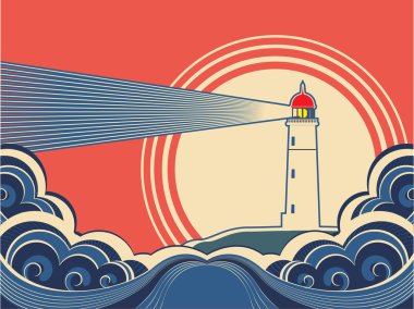 Lighthouse with blue sea.Vector color nature poster clipart