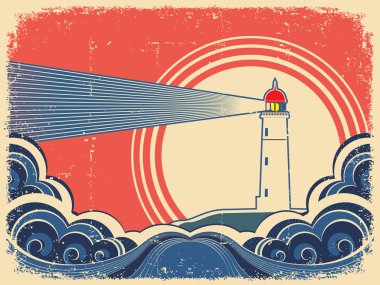 Lighthouse with blue sea.Grunge background clipart