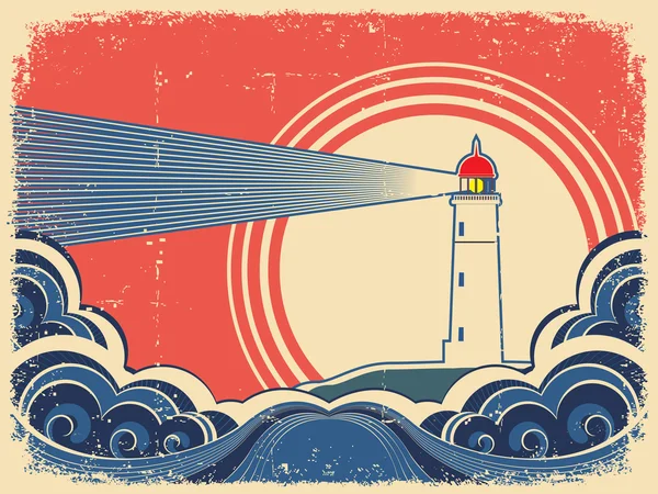 Lighthouse with blue sea.Grunge background — Stock Vector