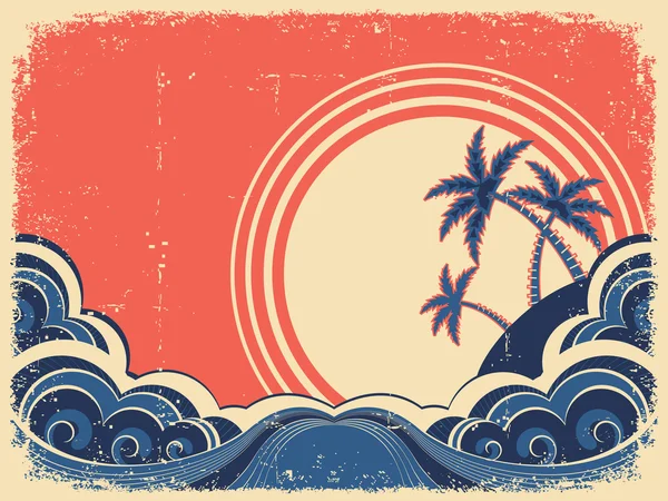 Tropisk ö med palms.vector grunge illustration på gamla pap — Stock vektor