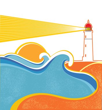 Seascape horizon. Vector illustration with lighthouse on white clipart