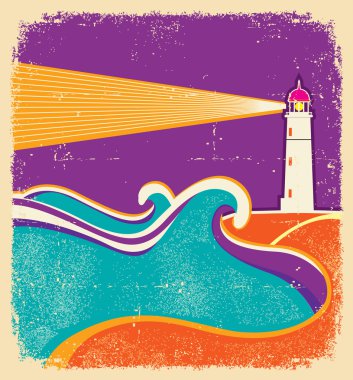 Seascape horizon. Vector illustration with lighthouse on grunge clipart