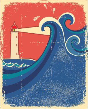 Lighthouse and sea waves.Vector grunge background clipart