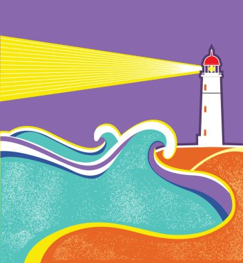 Seascape horizon. Vector illustration with lighthouse clipart