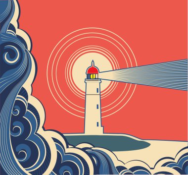 Lighthouse with blue sea.Vector symbol poster clipart