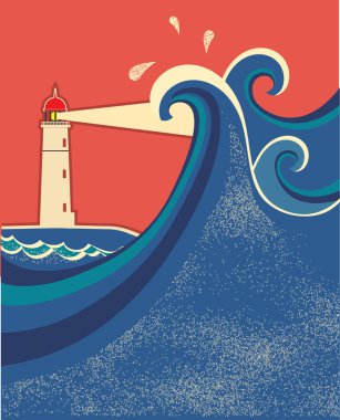 Sea waves horizon on old paper texture.Vector illustration with clipart