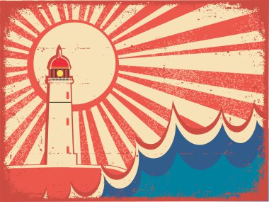 Seascape horizon. Vector illustration with lighthouse on grunge clipart