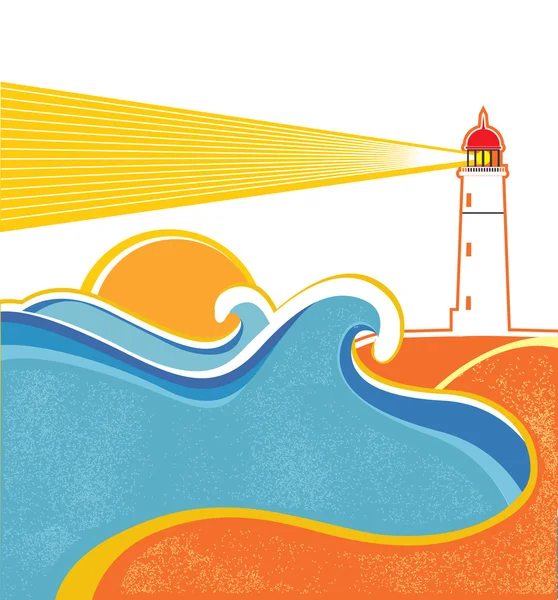 シースケープ地平線。白い灯台とベクトル図 — ストックベクタ
