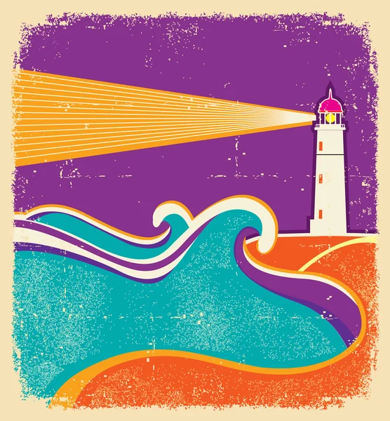 Horizon marin. Illustration vectorielle avec phare sur grunge — Image vectorielle