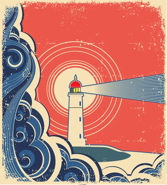 設計のための青い sea.vector グランジ背景と灯台 — ストックベクタ