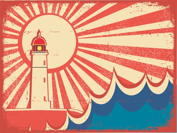 Seascape horizon. Vector illustration with lighthouse on grunge — Stock Vector