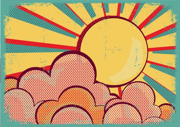 Sun and blue sky with beautifull clouds.Retro image on vintage t — Stock Vector