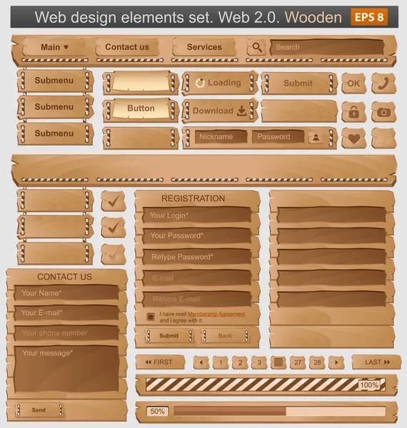 Webdesign-Elemente aus Holz — Stockvektor