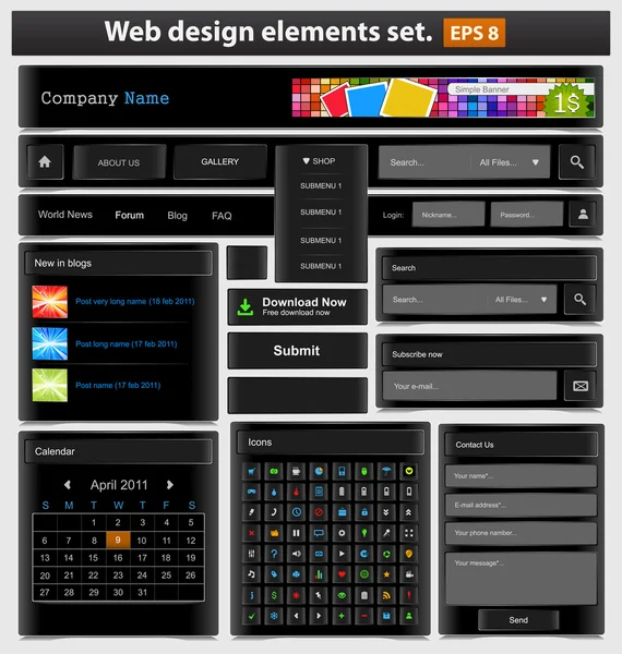 Черный набор элементов веб-дизайна . — стоковый вектор