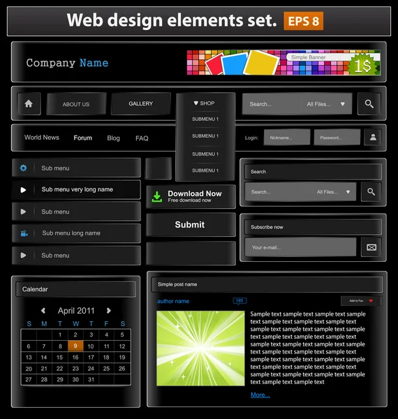 Set di elementi web design neri . — Vettoriale Stock