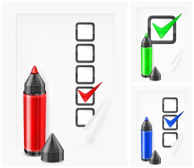 Markers with check marks on paper clipart