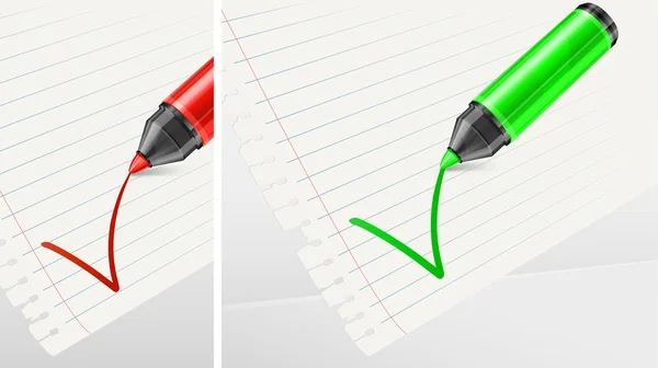 Зелені та червоні маркери з контрольною міткою — стоковий вектор