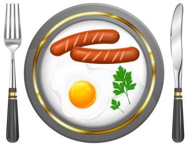 Fried eggs and sausage on plate clipart