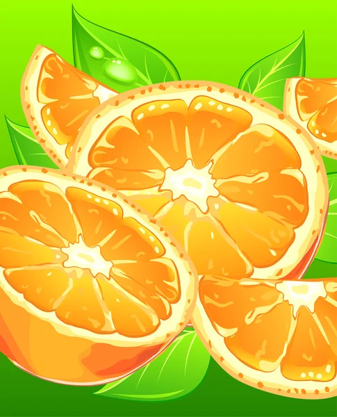 Sinaasappelen met bladeren op groen — Stockvector