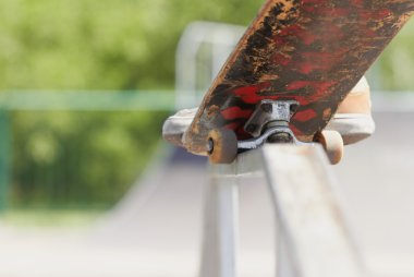 Skater doing nosegrind on fun-box in skatepark clipart