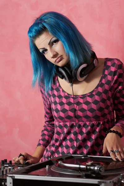 stock image Punk girl DJ with dyed turqouise hair