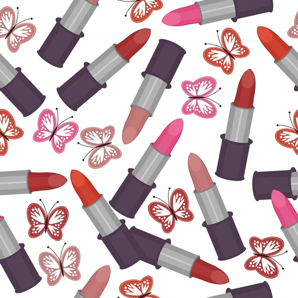 Stock vector Seamless background with lipsticks and butterflies