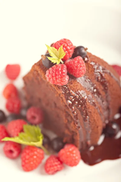 Prachtige chocolate cake met verse bessen — Stockfoto