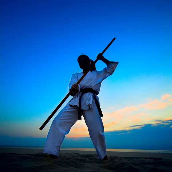 Karate na pláži při západu slunce — Stock fotografie