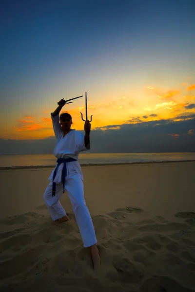 Karate en la playa del atardecer —  Fotos de Stock