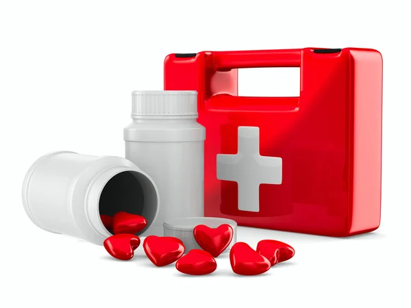 First aid and hearts on white background. Isolated 3D image — Stock Photo, Image