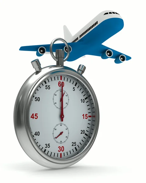 Stopwatch and airplane on white background. Isolated 3D image — Stock Photo, Image