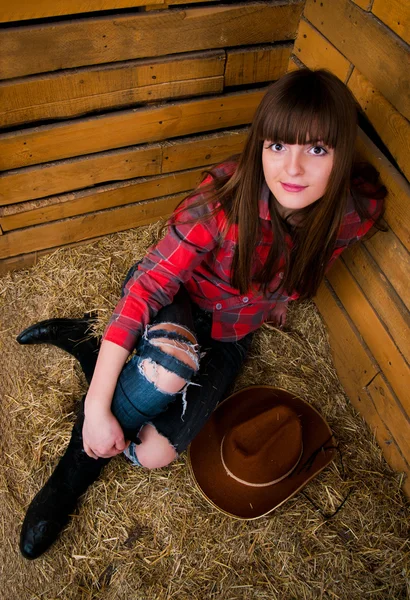 Belle cowgirl souriante dans le foin — Photo