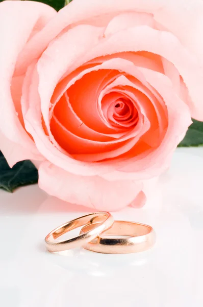 Zwei goldene Hochzeitsbänder neben einer rosa Rose. — Stockfoto