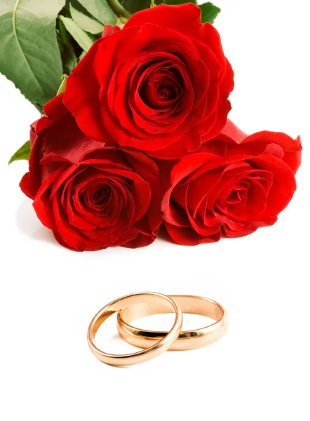 Dwa złote obrączki obok czerwone róże. — Zdjęcie stockowe