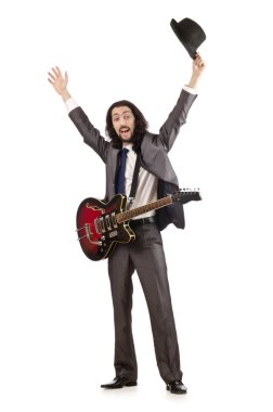 Guitar player in business suit on white clipart