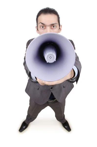Homem gritando e gritando com alto-falante — Fotografia de Stock