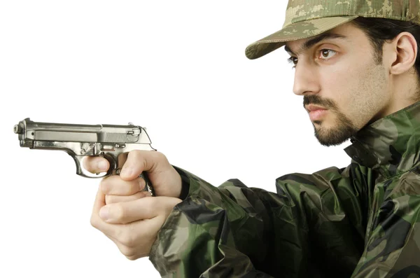 Soldado com arma isolada no branco — Fotografia de Stock