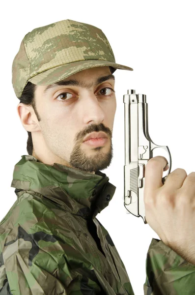 Soldat avec pistolet isolé sur blanc — Photo