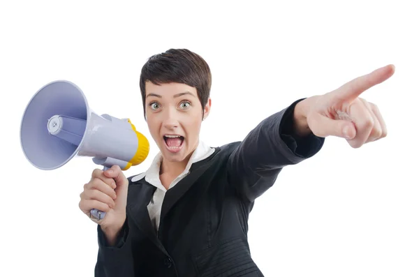 Jovem empresária gritando para alto-falante — Fotografia de Stock