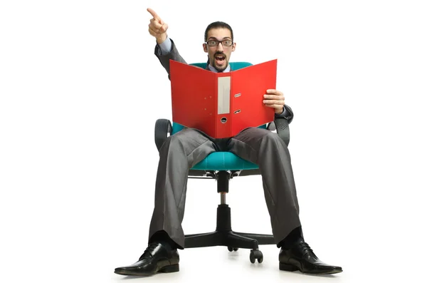Üzletember ül a székre, fehér — Stock Fotó