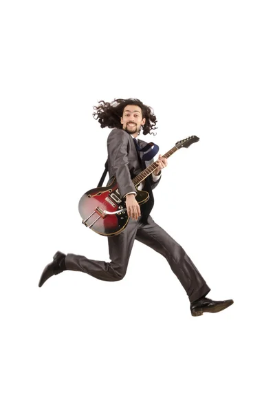 Guitar player in business suit on white — Stock Photo, Image