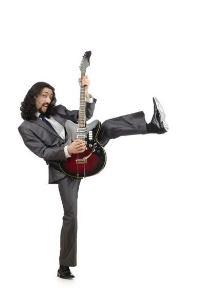 Kytarista v obleku na bílém pozadí — Stock fotografie
