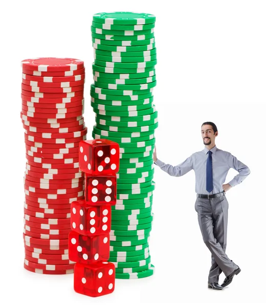 Empresário e fichas de casino em branco — Fotografia de Stock