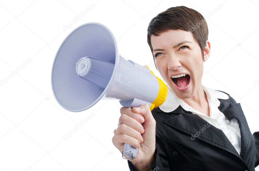 Young business lady screaming to loudspeaker