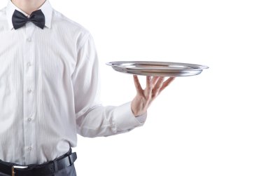 Young waiter with silver tray clipart