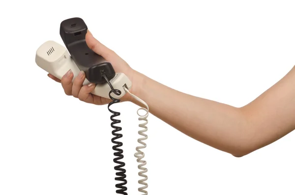 Hand med telefonen isolerad på vit — Stockfoto