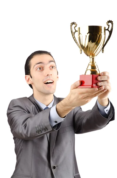 Arany kupával jutalmazott férfi — Stock Fotó